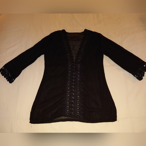 NWOT Sheer Black Swim Cover-up Tunic Designer Eyelet Lace Plunge Top S / M, 4, 6 - Picture 2 of 8